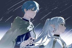 Rule 34 | 1boy, 1girl, blue eyes, blue hair, blue tunic, cape, capelet, chinese commentary, cloak, closed mouth, commentary request, earrings, elf, frieren, from side, hair between eyes, hetero, highres, himmel (sousou no frieren), jewelry, long hair, pointy ears, ponytail, qing yan xia, sharp teeth, short hair, sky, sousou no frieren, star (sky), starry sky, teeth, watermark, weibo logo, weibo watermark, white cape, white capelet, white cloak, white hair