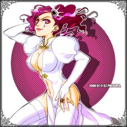 Rule 34 | 00s, 1girl, 2006, arm up, arrancar, artist name, bleach, breasts, cirucci sanderwicci, cleavage, cleavage cutout, clothing cutout, covered erect nipples, dated, dress, facial mark, hair ornament, jewelry, large breasts, lipstick, lowres, makeup, navel cutout, no bra, oz (invivi), puffy sleeves, purple eyes, purple hair, ring, short twintails, side slit, smirk, solo, teardrop tattoo, thighhighs, twintails, watermark, wavy hair, white dress, white thighhighs