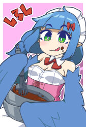 Rule 34 | 1girl, bare shoulders, blue feathers, blue hair, blue wings, blunt bangs, bow, bowl, bowtie, breasts, bright pupils, chocolate, chocolate on face, cleavage, commentary request, detached collar, feathered wings, feathers, food, food on face, green eyes, harpy, highres, ildagabah1, licking lips, long hair, maid headdress, mixing, mixing bowl, monster girl, original, pink background, pointy ears, red bow, red bowtie, small breasts, solo, tongue, tongue out, two-tone background, whisk, white background, winged arms, wings