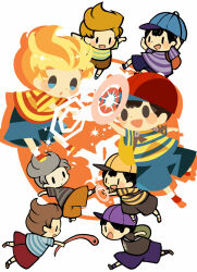 Rule 34 | 2boys, alternate color, arm up, backpack, bag, black hair, black shirt, black shorts, blue headwear, blush stickers, brown hair, casting spell, doseisan, grey hair, hitofutarai, kicking, lucas (mother 3), multiple boys, multiple views, ness (mother 2), nintendo, open mouth, player 2, red footwear, red headwear, red shorts, rope snake, shirt, shorts, striped clothes, striped shirt, super smash bros., yellow footwear