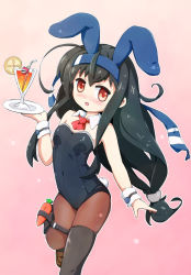 Rule 34 | 1girl, adapted costume, animal ear hairband, animal ears, bare shoulders, black hair, black leotard, black pantyhose, blush, bow, bowtie, breasts, brown thighhighs, cup, detached collar, drinking glass, drinking straw, fake animal ears, glass, hatsushimo (kancolle), hatsushimo kai ni (kancolle), headband, kantai collection, leotard, long hair, low-tied long hair, open mouth, pantyhose, pink background, playboy bunny, rabbit ear hairband, rabbit ears, rabbit tail, red eyes, single thighhigh, small breasts, smile, solo, strapless, strapless leotard, tail, thighhighs, tray, wrist cuffs, zipang (zip@ng works)