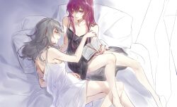 Rule 34 | 2girls, absurdres, bare legs, bare shoulders, bed, black nightgown, book, chinese commentary, collarbone, commentary request, couple, curly hair, from above, from side, grey background, grey hair, hair between eyes, hair down, head on pillow, highres, holding, holding book, honkai: star rail, honkai (series), indoors, kafka (honkai: star rail), knees up, leaning to the side, long hair, looking at another, looking to the side, lying, motuwangchuan, multicolored background, multiple girls, nightgown, on bed, on side, open book, parted lips, pillow, purple eyes, purple hair, shade, sitting, stelle (honkai: star rail), trailblazer (honkai: star rail), white background, white nightgown, yellow eyes, yuri