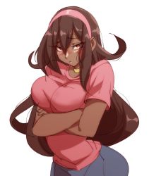 Rule 34 | 1girl, blush, borrowed character, breasts, brown hair, choker, commentary, commission, crossed arms, dark-skinned female, dark skin, english commentary, flipped hair, hair between eyes, hairband, highres, impossible clothes, impossible shirt, large breasts, long hair, looking at viewer, nisego, nose blush, original, pink hairband, pink shirt, pout, red eyes, second-party source, shirt, solo, tsona (nyantcha), upper body, very dark skin, very long hair, white background, yellow choker