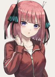 Rule 34 | 1girl, :o, blue eyes, blunt bangs, blush, breasts, butterfly hair ornament, collarbone, commentary request, fagi (kakikaki), go-toubun no hanayome, hair ornament, hair ribbon, hand up, jacket, long sleeves, looking at viewer, medium breasts, nakano nino, open mouth, pink hair, purple eyes, red jacket, ribbon, solo, track jacket, two side up, upper body