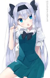 Rule 34 | 1girl, alternate hairstyle, black bow, black bowtie, black hairband, blue eyes, blush, bow, bowtie, cowboy shot, green skirt, green vest, grey hair, hair bow, hairband, hand in own hair, hand up, highres, konpaku youmu, konpaku youmu (ghost), long hair, looking at viewer, momomaron, open mouth, puffy short sleeves, puffy sleeves, short sleeves, simple background, skirt, solo, touhou, twintails, twitter username, vest, white background