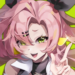 Rule 34 | 1girl, bare shoulders, black ribbon, blush, close-up, collared jacket, detached sleeves, fangwan, green eyes, hair ornament, hair ribbon, highres, jacket, long hair, looking at viewer, mole, mole under eye, nicole demara, pink hair, ribbon, solo, two side up, upper body, zenless zone zero