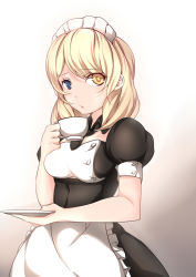 Rule 34 | 1girl, apron, bad id, bad pixiv id, blonde hair, blue eyes, breasts, cartonbox (zhixiang zhi), coffee cup, cup, disposable cup, heterochromia, highres, looking at viewer, maid, maid apron, maid headdress, renown (warship girls r), short hair, solo, warship girls r, yellow eyes