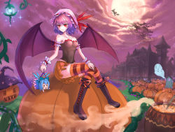 Rule 34 | 3girls, absurdres, architecture, arm cuffs, bare shoulders, bat (animal), bat wings, black footwear, black hat, blue dress, blue hair, blush, blush stickers, boots, bow, breasts, broom, broom riding, building, cauldron, cirno, clock, clock tower, closed mouth, cloud, cloudy sky, collarbone, covered erect nipples, cross-laced footwear, dress, eyebrows, fairy wings, fence, food, frilled cuffs, full moon, ghost, grass, groin, hair bow, halloween, halloween costume, hand on own knee, hat, hat ribbon, highres, ice, ice wings, jack-o&#039;-lantern, kirisame marisa, knee boots, lace-up boots, ladle, light purple hair, mansion, midair, mob cap, moon, multiple girls, open mouth, orange skirt, outdoors, pink lips, plant, pleated skirt, puffy short sleeves, puffy sleeves, pumpkin, pumpkin soup, red eyes, remilia scarlet, ribbon, saliva, scarlet devil mansion, scenery, short hair, short sleeves, sitting, skirt, sky, slit pupils, small breasts, soup, sparkle, star (symbol), star print, steam, strapless, striped clothes, striped legwear, striped thighhighs, thighhighs, tombstone, touhou, tower, vines, wings, witch hat, wrist cuffs, zettai ryouiki
