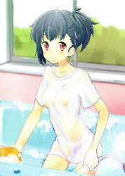 Rule 34 | 1girl, absurdres, artist request, bathtub, black hair, cowboy shot, hair ornament, hairclip, highres, hose, leaning forward, looking at viewer, open mouth, original, red eyes, scan, see-through, shirt, short ponytail, side ponytail, soap bubbles, solo, washing, wet, wet clothes, wet shirt