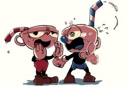 Rule 34 | 2boys, brothers, brown footwear, cuphead, cuphead (game), drinking straw, gloves, male focus, mugman, multiple boys, pointing, pointing at viewer, shoes, shorts, siblings, simple background, tearing up, white background, white gloves