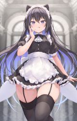 Rule 34 | 1girl, absurdres, animal ears, apron, asktyuni, black dress, black hair, blue hair, blush, breasts, character request, colored inner hair, copyright request, cowboy shot, dress, frilled apron, frills, garter straps, hand on own face, highres, large breasts, long hair, looking at viewer, maid, maid apron, maid headdress, multicolored hair, original, solo, thighhighs, tongue, tongue out, twintails, waist apron, white apron, wrist cuffs