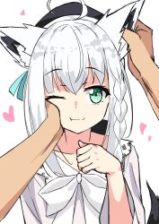 Rule 34 | 1girl, absurdres, ahoge, animal ears, beret, braid, fox ears, green eyes, hair between eyes, hand on another&#039;s ear, hand on another&#039;s face, hat, highres, hololive, one eye closed, pov, pov hands, shirakami fubuki, shirakami fubuki (street), side braid, silver hair, simple background, solo focus, starkamisan, virtual youtuber, white background