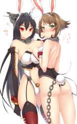 Rule 34 | 10s, 2girls, animal ears, ass, backless outfit, black hair, blush, breast press, breasts, brown hair, rabbit ears, rabbit tail, chain, cleavage, fake animal ears, green eyes, hattori masaki, highres, kantai collection, large breasts, leotard, multiple girls, mutsu (kancolle), nagato (kancolle), playboy bunny, red eyes, symmetrical docking, tail, thighhighs, thong leotard