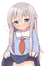 Rule 34 | 1girl, ayanepuna, blue eyes, blue shirt, blue skirt, blush, braid, closed mouth, clothes lift, commentary request, flying sweatdrops, grey hair, groin, hair between eyes, highres, lifting own clothes, long hair, long sleeves, looking at viewer, neckerchief, nose blush, original, out-of-frame censoring, red neckerchief, school uniform, shirt, simple background, skirt, skirt lift, solo, sweat, very long hair, wavy mouth, white background