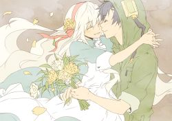 Rule 34 | 1boy, 1girl, ^ ^, apron, black hair, buttoned cuffs, buttons, closed eyes, flower, green overalls, holding, holding flower, hood, hood up, hug, kagerou project, kozakura marry, muted color, nuriko-kun, overalls, seto kousuke, sleeves rolled up, smile, white hair