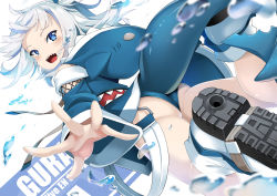 Rule 34 | 1girl, absurdres, air bubble, animal hood, ass, blue eyes, blue footwear, blue hair, blue hoodie, blue panties, blush, bubble, character name, fins, fish tail, gawr gura, gawr gura (1st costume), highres, hololive, hololive english, hood, hoodie, long hair, long sleeves, looking at viewer, looking back, multicolored hair, open mouth, panties, shark, shark girl, shark hood, shark tail, sharp teeth, smile, solo, streaked hair, swimming, tail, teeth, thighs, two side up, underwater, underwear, virtual youtuber, white hair, zelitto