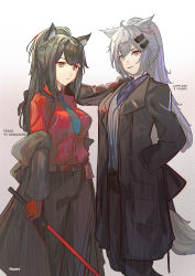 Rule 34 | 2girls, absurdres, alternate costume, animal ear fluff, animal ears, arknights, belt, black hair, black jacket, black pants, blue neckwear, blue shirt, brown eyes, character name, coat, collared shirt, commentary, english commentary, gloves, green neckwear, grey coat, grey eyes, grey hair, grey skirt, hair ornament, hairclip, hand in pocket, hand on another&#039;s shoulder, highres, holding, holding sword, holding weapon, jacket, lappland (arknights), long hair, looking at viewer, multiple girls, naoel (naoel art), necktie, off shoulder, official alternate costume, pants, ponytail, purple neckwear, red gloves, red shirt, shirt, skirt, sword, tail, texas (arknights), texas (willpower) (arknights), vest, waistcoat, weapon, wolf ears, wolf girl, wolf tail