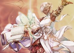 Rule 34 | 2girls, arm up, armpits, asymmetrical hair, warrior of light (ff14), blonde hair, book, breasts, dark-skinned female, dark skin, dress, eos (ff14), facial mark, facial tattoo, fairy, fairy wings, final fantasy, final fantasy xiv, floating, forehead mark, gauntlets, green eyes, height difference, highres, holding, holding book, large breasts, looking at viewer, medium hair, mihira (tainosugatayaki), multicolored hair, multiple girls, open book, outstretched arm, parted lips, roegadyn, scholar (final fantasy), smile, tattoo, taut clothes, taut dress, twisted torso, two-tone hair, white dress, white hair, wings