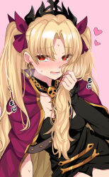 Rule 34 | 1girl, absurdres, black dress, blonde hair, blush, breath, cape, commentary request, dress, earrings, ereshkigal (fate), fate/grand order, fate (series), gold trim, hair ribbon, heart, heart-shaped pupils, highres, jewelry, long hair, looking at viewer, parted bangs, pink background, red cape, red eyes, red ribbon, ribbon, simple background, single sleeve, skull, solo, spine, sweat, symbol-shaped pupils, tanuki (siutkm0228), tiara, two side up, very long hair