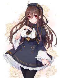 Rule 34 | 1girl, azur lane, beret, black bow, black hat, black jacket, black necktie, black pantyhose, black skirt, bow, breasts, brown hair, center frills, character name, closed mouth, clothes writing, commentary request, dress, fingernails, floral background, frilled skirt, frills, glasses, hair between eyes, hair bow, hand up, hat, highres, jacket, juliet sleeves, london (azur lane), london (retrofit) (azur lane), long hair, long sleeves, medium breasts, necktie, pantyhose, pleated dress, puffy sleeves, red-framed eyewear, red eyes, semi-rimless eyewear, shichijou natori, shirt, short necktie, skirt, smile, solo, two side up, under-rim eyewear, very long hair, white background, white shirt, wide sleeves