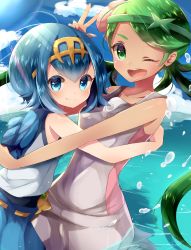 Rule 34 | 2girls, ;d, blue eyes, blue hair, blue pants, blue sailor collar, blue sky, cloud, creatures (company), dark-skinned female, dark skin, day, flower, game freak, green eyes, green hair, hair flower, hair ornament, hairband, height difference, highres, hug, lana (pokemon), light rays, long hair, looking at viewer, mallow (pokemon), multiple girls, nintendo, ocean, one eye closed, open mouth, outdoors, overalls, pants, partially submerged, pokemon, pokemon sm, rushin, sailor collar, short hair, sky, sleeveless, smile, splashing, sunbeam, sunlight, swimsuit, swimsuit under clothes, trial captain, twintails, v, wading, water