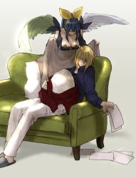 Rule 34 | 1boy, 1girl, asymmetrical wings, black dress, blanket, blonde hair, blue hair, breasts, cleavage, closed eyes, couch, detached sleeves, dizzy (guilty gear), dress, egg, family, father and son, glasses, guilty gear, guilty gear 2, hair ribbon, husband and wife, jewelry, ky kiske, large breasts, maka (morphine), monster girl, necklace, paper, ponytail, ribbon, sin kiske, sleeping, slippers, wings, yellow ribbon