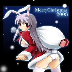 Rule 34 | 1girl, animal ears, ass, bad id, bad pixiv id, christmas, female focus, long hair, narumizg, panties, pink panties, purple hair, rabbit ears, rabbit girl, rabbit tail, red eyes, reisen udongein inaba, santa costume, solo, tail, thighhighs, touhou, underwear