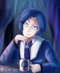 Rule 34 | bags under eyes, blue hair, chesed (project moon), coffee, coffee cup, coffee mug, cup, disposable cup, highres, library of ruina, lobotomy corporation, mug, project moon