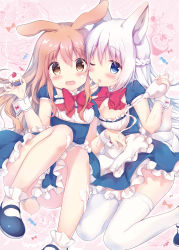 Rule 34 | 2girls, :d, ;p, amedamacon, animal ears, bad id, bad pixiv id, blue dress, blue eyes, blush, braid, breasts, brown eyes, brown hair, cupcake, dress, food, fox ears, fox girl, fox tail, frills, fruit, hair between eyes, half updo, hands up, holding, knees up, long hair, looking at viewer, maid, medium breasts, multiple girls, one eye closed, open mouth, original, pastry bag, pink background, rabbit ears, rabbit girl, rabbit tail, sitting, small breasts, smile, strawberry, tail, tareme, tasting, thighhighs, tongue, tongue out, wariza, wavy mouth, whipped cream, white hair, white legwear, wrist cuffs