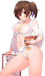 Rule 34 | 10s, 1girl, absurdres, alternate costume, bare legs, boruhis, breasts, brown eyes, brown hair, cleavage, cowboy shot, front-tie top, fundoshi, groin, highres, japanese clothes, kaga (kancolle), kantai collection, large breasts, looking at viewer, midriff, navel, partially visible vulva, pussy, side ponytail, solo, thighs, underwear, underwear only