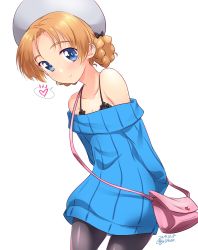 Rule 34 | 1girl, arms behind back, bag, beret, black bow, black pantyhose, black shirt, blue dress, blue eyes, blush, bow, braid, camisole, carrying, casual, closed mouth, commentary request, cowboy shot, dated, dress, frilled shirt, frills, girls und panzer, grey hat, hair bow, handbag, hat, heart, highres, kuzuryuu kennosuke, leaning to the side, light blush, long sleeves, looking at viewer, off-shoulder dress, off shoulder, one-hour drawing challenge, orange hair, orange pekoe (girls und panzer), pantyhose, parted bangs, shirt, short dress, short hair, simple background, smile, solo, spaghetti strap, spoken heart, standing, striped clothes, striped dress, twin braids, twitter username, vertical-striped clothes, vertical-striped dress, white background