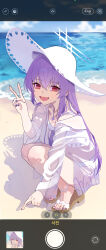 Rule 34 | 1girl, absurdres, atsuko (blue archive), atsuko (swimsuit) (blue archive), bare legs, beach, bikini, blue archive, blush, fake phone screenshot, fake screenshot, fingernails, gubbi on, halo, hat, highres, jacket, looking at viewer, nail polish, outdoors, purple hair, red eyes, sandals, see-through, see-through jacket, shadow, smile, solo, squatting, sun hat, swimsuit, toenail polish, toenails, toes, v, white bikini
