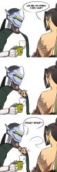 Rule 34 | ..., 1girl, 2boys, 3koma, amidalaed, blush stickers, breast pocket, brothers, chibi, comic, cup, cyborg, english text, genji (overwatch), halo, hanzo (overwatch), heart, highres, mechanical halo, mercy (overwatch), mini person, minigirl, mug, multiple boys, overwatch, overwatch 1, pocket, raglan sleeves, shirt pocket, siblings, stitched, tattoo, third-party edit, too literal