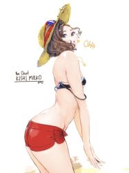 Rule 34 | 1girl, ass, bikini, black bikini, breasts, brown hair, carina (xiaowoo), character name, commentary request, curly hair, eyeshadow, eyewear on headwear, from side, hair ornament, hat, highres, kishi mieko, lipstick, looking at viewer, looking to the side, makeup, onna shunin kishi mieko, pink lips, red shorts, short hair, short shorts, shorts, simple background, small breasts, solo, standing, strap slip, straw hat, swimsuit, white background