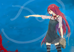 Rule 34 | 00s, 1girl, blood, elfen lied, helmet, horns, hrd, kaede (character), lucy (elfen lied), outstretched arm, outstretched hand, red hair, solo, thighhighs