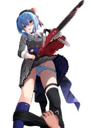 Rule 34 | 1girl, ascot, asymmetrical legwear, belt, beret, black choker, black shorts, black socks, blue ascot, blue belt, blue eyes, blue hair, blue panties, blue ribbon, blue socks, bow, bow panties, bow skirt, chainsaw, choker, clothes pull, commentary request, crown, dress, ex idol, gloves, grey dress, grey headwear, grey jacket, grey skirt, hair between eyes, hair ribbon, hat, highres, hololive, hoshimachi suisei, hoshimachi suisei (1st costume), jacket, jewelry, kneehighs, long hair, long sleeves, male hand, mismatched legwear, one side up, open mouth, panties, partially fingerless gloves, pendant, plaid, plaid dress, plaid headwear, plaid jacket, plaid skirt, pulling another&#039;s clothes, revision, ribbon, shorts, shorts pull, side ponytail, sidelocks, single kneehigh, single sock, single thighhigh, skirt, skirt set, socks, solo focus, star (symbol), star choker, thigh strap, thighhighs, underwear, uneven legwear, unworn clothes, virtual youtuber