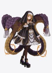 Rule 34 | 159cm, 1girl, ankle boots, arms at sides, blonde hair, boots, breasts, cobra (animal), dress, full body, grey background, habit, highres, looking at viewer, nun, open mouth, original, pantyhose, purple eyes, small breasts, snake, solo, standing, veil