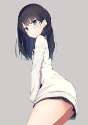 Rule 34 | 10s, 1girl, arched back, ass, black hair, black skirt, blue eyes, blush, cardigan, closed mouth, commentary request, cowboy shot, flat chest, from side, frown, grey background, gridman universe, head tilt, highres, huge ass, long hair, long sleeves, looking at viewer, looking to the side, megarisu, miniskirt, narrow waist, simple background, skirt, solo, ssss.gridman, standing, sweatdrop, takarada rikka, thick thighs, thighs, white cardigan, wide hips