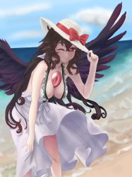 Rule 34 | 1girl, ;), absurdres, alternate costume, arm support, backless dress, backless outfit, bad id, bad pixiv id, bare arms, bare shoulders, beach, bird wings, bow, breasts, brown hair, closed mouth, collarbone, collared dress, commentary request, cowboy shot, curly hair, day, dress, floating hair, hair between eyes, halter dress, halterneck, hand on headwear, hand on own knee, hand up, hanging breasts, hat, hat bow, highres, leaning forward, long hair, looking at viewer, medium breasts, medium dress, ocean, one eye closed, outdoors, red bow, reiuji utsuho, sand, shroomia, sleeveless, sleeveless dress, smile, solo, spread wings, standing, sun hat, sundress, third eye, touhou, very long hair, water, white dress, wind, wind lift, wings