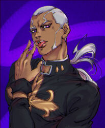 Rule 34 | + +, 1boy, absurdres, buzz cut, cherry, dark-skinned male, dark skin, enrico pucci, food, fruit, fujoshi yuuko, highres, jojo no kimyou na bouken, licking, licking finger, long hair, looking at viewer, male focus, ponytail, priest, purple eyes, saliva, saliva trail, short hair, sideburns, solo, stone ocean, tongue, tongue out, upper body, very short hair, white hair