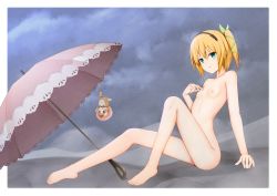 Rule 34 | 1girl, barefoot, black hairband, blonde hair, blue eyes, border, bow, breasts, collarbone, completely nude, edna (tales), female focus, full body, green bow, green ribbon, hair bow, hair ribbon, hairband, highres, kuronuketaiyo, looking at viewer, nipples, nude, ribbon, short hair, side ponytail, sitting, small breasts, solo, tales of (series), tales of zestiria, white border