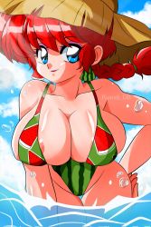 Rule 34 | 1girl, alternate breast size, areola slip, artist request, blue eyes, blue sky, braid, breasts, cleavage, cloud, curvy, food print, hand on own hip, hat, highleg, highleg swimsuit, highres, large breasts, lipstick, long hair, makeup, navel, nipples, one-piece swimsuit, open mouth, ponytail, ranma-chan, ranma 1/2, red hair, shiny skin, single braid, sky, solo, sun hat, swimsuit, thigh gap, water, watermelon print, wide hips