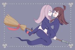 Rule 34 | 2girls, :d, ^ ^, blush, boots, broom, broom riding, closed eyes, commentary, face-to-face, facing another, from side, half updo, hug, kagari atsuko, knee boots, light blush, light frown, little witch academia, long hair, looking at another, multiple girls, multiple riders, open mouth, smile, sou (mgn), sucy manbavaran, yuri