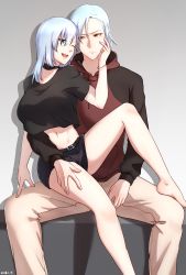 Rule 34 | 1boy, 1girl, ;d, aqua eyes, barefoot, belt, black choker, black shirt, black shorts, breasts, choker, collarbone, couple, crop top, crop top overhang, dated, hair between eyes, hand on another&#039;s cheek, hand on another&#039;s face, hand on another&#039;s thigh, highres, hood, hoodie, kagami (openxlock), large breasts, leg lift, long hair, looking back, midriff, navel, one eye closed, open mouth, orange eyes, original, raglan sleeves, shirt, short shorts, shorts, sitting, sitting on lap, sitting on person, smile, stomach, white hair
