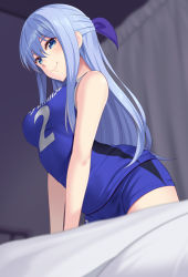 Rule 34 | 1girl, arched back, bare shoulders, bed, bedside, blue eyes, blue hair, breasts, closed mouth, cowboy shot, from below, hair between eyes, huyumitsu, indoors, jersey, long hair, looking at viewer, medium breasts, original, shirt, short shorts, shorts, sidelocks, sideways glance, sleeveless, smile, solo, sportswear, tank top, tight clothes, tight shirt, v arms