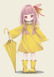 Rule 34 | 1girl, :o, absurdres, arms at sides, bare legs, blunt bangs, blush, boots, child, closed umbrella, coat, full body, hair ornament, hair ribbon, highres, hiratsuka nichoume, holding, holding umbrella, kotonoha akane, long hair, long sleeves, looking at viewer, open mouth, pink hair, puddle, raincoat, red eyes, red ribbon, ribbon, rubber boots, sidelocks, simple background, solo, standing, umbrella, voiceroid, water, yellow coat, yellow footwear, yellow umbrella
