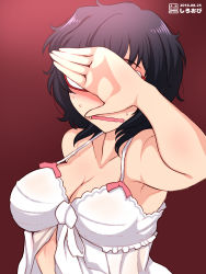Rule 34 | 1girl, absurdres, arms up, artist logo, artist name, babydoll, black eyes, breasts, commentary, covering face, dated, embarrassed, frown, girls und panzer, glasses, highres, lingerie, medium breasts, messy hair, one-hour drawing challenge, open mouth, oryou (girls und panzer), red-framed eyewear, red background, semi-rimless eyewear, shiroobi (whitebeltmaster), short hair, short ponytail, solo, sweat, under-rim eyewear, underwear, wavy hair
