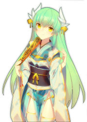 Rule 34 | 1girl, blush, breasts, closed mouth, dragon horns, fate/grand order, fate (series), folding fan, green hair, hair between eyes, hand fan, horns, japanese clothes, kanjy00u, kimono, kiyohime (fate), long hair, looking at viewer, obi, sash, simple background, small breasts, smile, solo, white background, white kimono, wide sleeves, yellow eyes