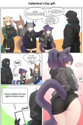 Rule 34 | 1girl, 4girls, :d, absurdres, animal ears, arknights, ass, bag, black gloves, black thighhighs, blush, cat ears, cat tail, cellphone, comic, english text, flower, franka (arknights), gloves, green eyes, hands in pockets, heart, highres, hood, hooded jacket, horns, jacket, jessica (arknights), k0ng, liskarm (arknights), long hair, multiple girls, open mouth, phone, pointy ears, shorts, smartphone, smile, spoken blush, tail, thighhighs, vanilla (arknights)