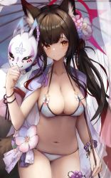 Rule 34 | 1girl, animal ears, bikini, black hair, blue archive, breasts, cleavage, closed mouth, colored inner hair, cowboy shot, flower, fox ears, fox girl, fox mask, hair flower, hair ornament, halterneck, highres, holding, holding mask, holding umbrella, inre kemomimi, large breasts, long hair, mask, multicolored hair, navel, oil-paper umbrella, pink flower, red eyes, red hair, smile, solo, standing, string bikini, swimsuit, two-tone hair, umbrella, wakamo (blue archive), wakamo (swimsuit) (blue archive), white bikini, yellow eyes